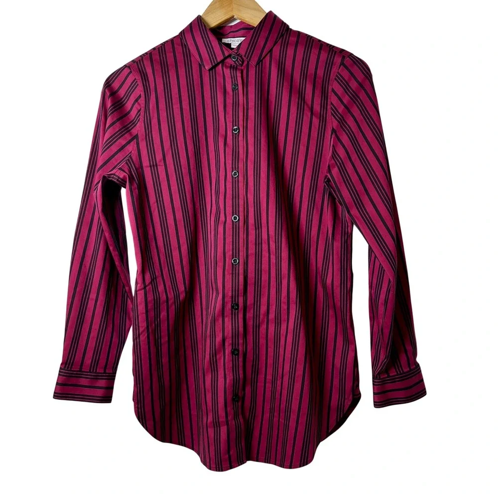 Chico's Button Down‎ Shirt Womens 0 Burgundy Black Striped Long Sleeve Top